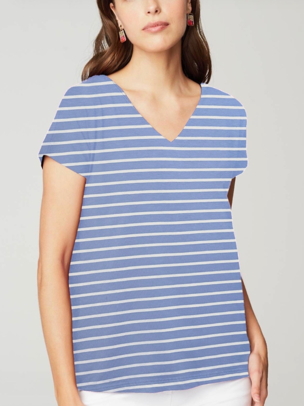 J. Jill - Luxe Supima Pleat-Back Short Sleeve Blue White Stripe V-Neck Tee - XL